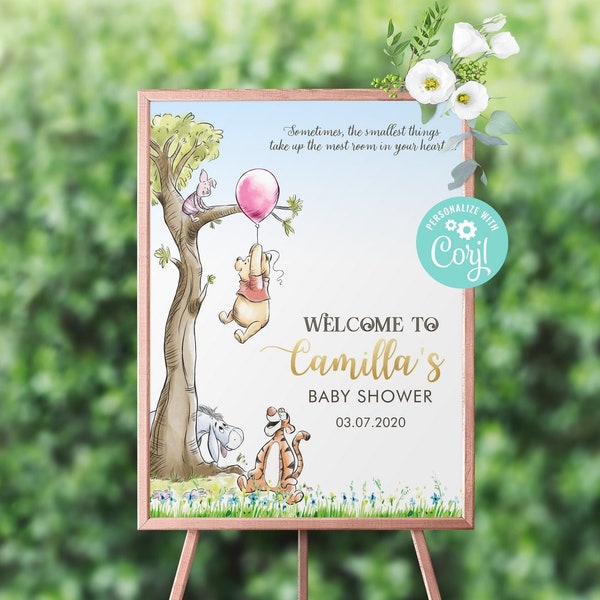 Classic Winnie the Pooh Baby Shower Welcome Sign Girl Pink Balloon Printable Instant Download Editable Template Digital Decorations Corjl