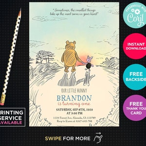 Classic Winnie the Pooh Birthday Invitation Instant Download Winnie the Pooh Thank You Card Editable Template Printable Digital or Printed