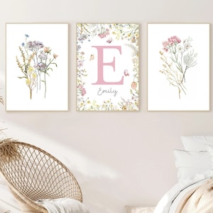 Floral Nursery Initial Letter Print Baby Girl Name Art Personalized Kids Name Canvas Sign Boho Wall Art Wildflowers Poster Framed Decor Set