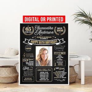 En 1958 Póster personalizable 65 cumpleaños regalo para mujer u hombres 65 cumpleaños decoraciones de cumpleaños pizarra signo de última hora idea de regalo