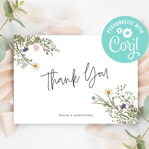 Hochzeit Dankeschön Karten Vorlage bearbeitbar druckbar digitaler Download oder gedruckt Wildblumen Blumen Boho Garten Country Corjl Danke TY