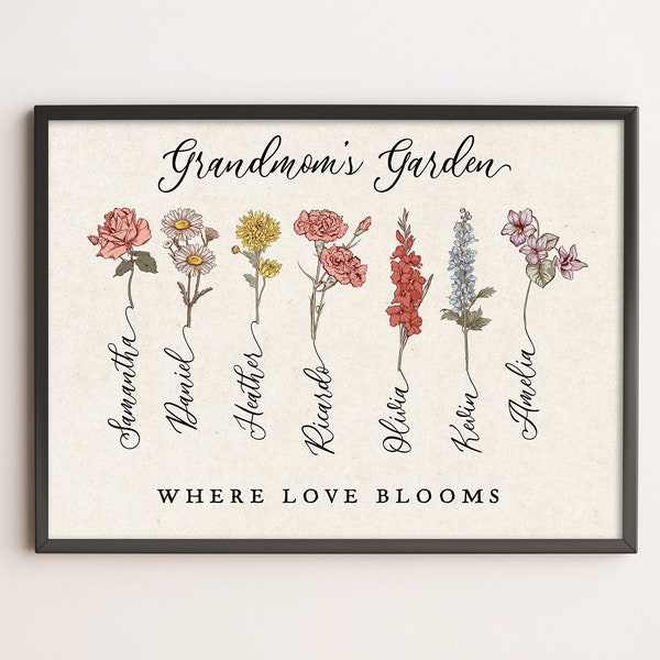 Gepersonaliseerde Moederdag Cadeau voor oma's tuin Print Aangepaste geboortebloemen met namen Nana's Garden Mom's Bloemen Digitaal afdrukbaar