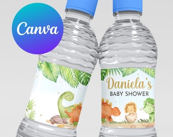 May include: Two clear plastic water bottles with labels featuring a dinosaur theme. The labels are green, gold, and white with the text "Daniela's Baby Shower".