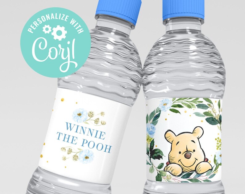 Baby Shower Bottle Labels Custom Template Editable Winnie the Pooh Party Decor Printable Digital