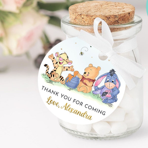 Baby Shower Favor Tag imprimable Winnie l'ourson porcelet tigrou décoration merci étiquettes, étiquettes cadeaux anniversaire fête Decor modèle modifiable