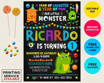 Our Little Monster First Birthday Invitation Boy Instant Download Monsters Party Thank You Card Editable Template Digital Printed Invites