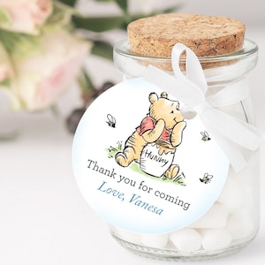 Etiqueta de lembrança para chá de bebê, decoração de winnie the pooh hunny, etiquetas de agradecimento, etiquetas de presente, decoração de festa de aniversário, modelo editável