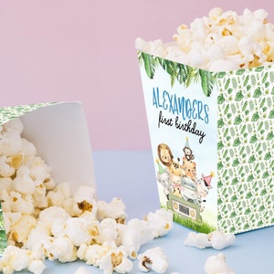 Boy First Birthday Popcorn Bags Calling All Party Animals Popcorn Box Wild Safari Animals Jeep Candy Box Digital Printable Editable Template