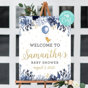 Classic Winnie the Pooh Baby Shower Welcome Sign Boy Blue Balloon Printable Instant Download Editable Template Digital Decorations Corjl