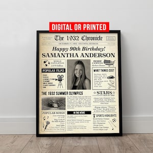 Back In 1935 90th Birthday Newspaper Poster Sign Printable Board 90 Years Ago Anniversary Gift for Women Mom Dad Parents Digital Download