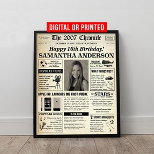 Back In 2007 16. Geburtstag Zeitung Poster Zeichen druckbare Tafel 16 Jahre vor Jahrestag Geschenk für Frauen Mama Papa Eltern Digitaler Download