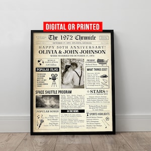 50th Anniversary Gifts for Parents on Wedding Day Newspaper Back to 1974 Anniversary Sign Personalized Decorations