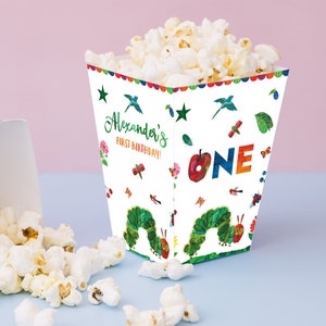 Very Hungry Caterpillar First Birthday Popcorn Bags Popcorn Box Birthday Party Decoration Candy Box Digital Printable Editable Template