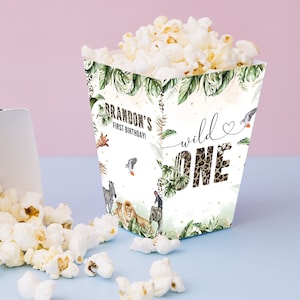 First Birthday Popcorn Bags Wild One Popcorn Box Jungle Greenery Safari Animals Party Lion Candy Box Digital Printable Editable Template