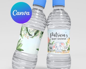 May include: Two clear plastic water bottles with blue lids and personalized labels. The labels feature a watercolor design of animals, including an elephant, a zebra, and a giraffe. One label says "Patricia's Baby Shower".