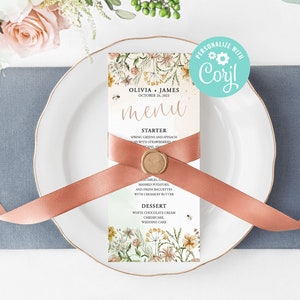 Wedding Menu Cards Template Bridal Shower, Dinner, Brunch Printable Editable Digital or Printed Wild Flowers Floral Boho Garden Country