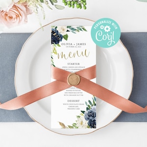 Plantilla de tarjetas de menú de boda despedida de soltera, cena, brunch imprimible editable imprimible digital o impreso azul marino flor floral Corjl
