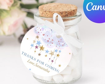 May include: A small glass jar with a cork lid filled with white candy. A round tag with a watercolor design of a cloud with stars and the text "THANKS FOR COMING Love, Samantha" is attached to the jar.