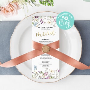 Wedding Menu Cards Template Bridal Shower, Dinner, Brunch Printable Editable Digital or Printed Wild Flowers Floral Boho Garden Country