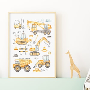 Impresiones artísticas de pared para guardería de construcción con marco, póster educativo Montessori, arte de pared de maquinaria pesada para decoración de habitación de niños pequeños, lienzo