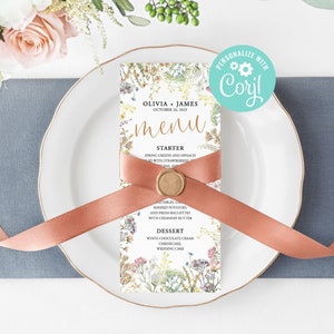 Wedding Menu Cards Template Bridal Shower, Dinner, Brunch Printable Editable Digital or Printed Wild Flowers Floral Boho Garden Country