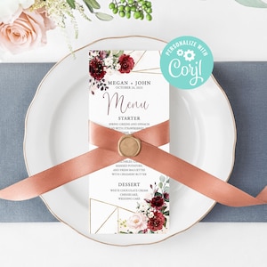 Plantilla de tarjetas de menú de boda despedida de soltera, cena, brunch digital o impreso Marsala Blush Floral Borgoña Rosas rosas suaves Flor acuarela