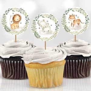 Baby Shower Cupcake Toppers Decoration Safari Animals Sweet Baby Jungle Greenery Safari Decor Printable Digital Instant Download