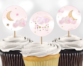 Gyufise Gold Glitter Baby Mädchen Cupcake Toppers – 24 Stück Mit Stern & Mond