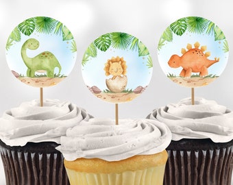 Könnte beinhalten: Drei Cupcakes mit weißem Frosting, verziert mit runden, bunten Cupcake-Toppern zum Thema Dinosaurier. Die Topper zeigen einen grünen Dinosaurier, einen braunen Dinosaurier und einen Baby-Dinosaurier in einem Ei.