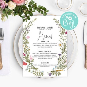 Wedding Menu Cards Template Bridal Shower, Dinner, Brunch Editable Digital or Printed Wild Flowers Floral Wreath Boho Garden Country Corjl