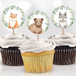 Baby Shower Cupcake Toppers Decorazione Bambino in viaggio Foresta Verde Animali del bosco Cuccioli carini Decor Stampabile Download immediato digitale