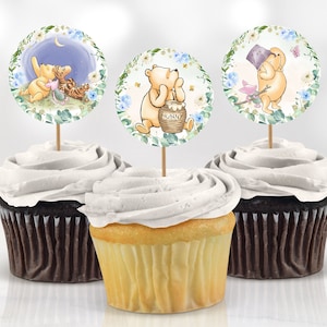 Baby Shower Cupcake Toppers Decoration Classic Winnie the Pooh Hunny Tigger Piglet Birthday Party Decor Printable Digital Instant Download