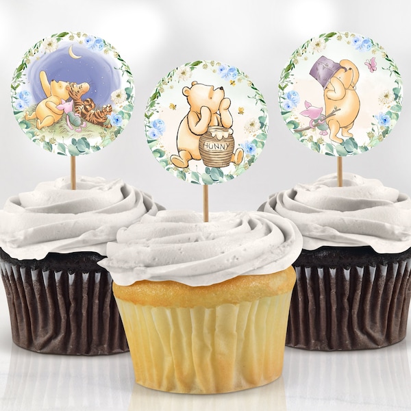 Baby Shower Cupcake Toppers Decoration Classic Winnie the Pooh Hunny Tigger Piglet Birthday Party Decor Printable Digital Instant Download