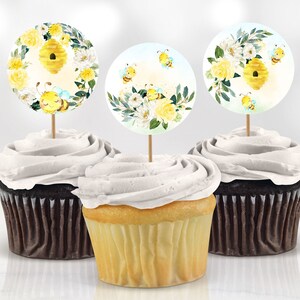 Bee Baby Shower Cupcake Toppers Decoration Oh Baybee Little Honey Bee Summer Yellow Flowers Garden Decor Printable Digital Instant Download