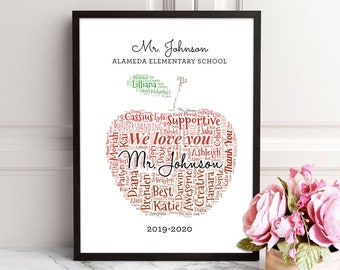 Personalized Teacher Birthday Gift Apple with Student Names Word Art Canvas Class Gift End of the Year Gift Custom Digital Printed