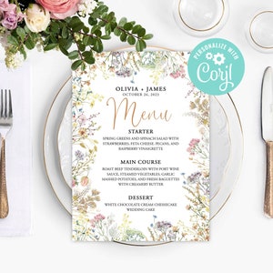 Wedding Menu Cards Template Bridal Shower, Dinner, Brunch Editable Digital or Printed Wild Flowers Floral Boho Garden Country Corjl