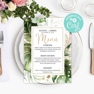 Sjabloon voor bruiloftsmenukaarten Bruidsdouche, diner, brunch Digitaal of gedrukt Jungle Monstera Palmgroen Goud Tropische bladeren Geometrisch