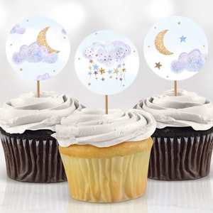 Baby Shower Boy Cupcake Toppers Dekoration kleiner Stern Gold Mond und Sterne Geburtstag Party Dekor druckbare digitale Sofort Download