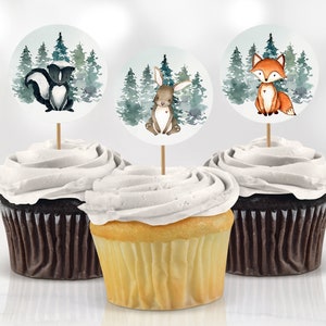 Baby Shower Cupcake Toppers Dekoration Oh Boy Let the Adventure Begin Waldtiere Aquarell Dekor druckbar Digital Sofort Download