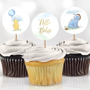 Baby Shower Cupcake Toppers Decoration Classic Winnie the Pooh Hunny Tigger Piglet Birthday Party Decor Printable Digital Instant Download
