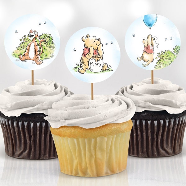 Winnie the Pooh Baby Shower Boy Cupcake Toppers Decoration Piglet Tigger Eeyore Birthday Party Decor Printable Digital Instant Download
