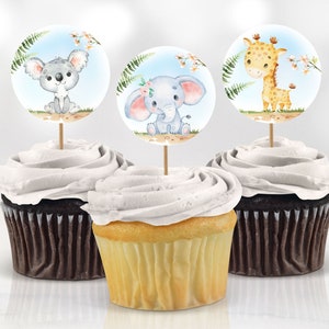 Baby Shower Cupcake Toppers Decoration Safari Animals Jungle Greenery Sweet Baby Elephant Zebra Decor Printable Digital Instant Download