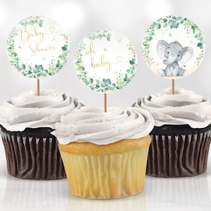 Elefant-Baby-Dusche Cupcake Toppers Dekoration Oh Baby niedlichen kleinen Erdnuss Blumen grün Gold Dekor druckbare digitaler Download