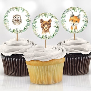 Greenery Baby Shower Cupcake Toppers Decoration Sweet Baby Boy or Girl Birthday Party Decor Printable Digital Green Gold Woodland Animals