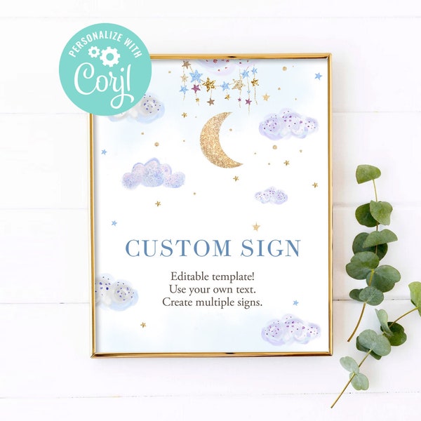 Baby Shower Boy Custom Sign Twinkle Twinkle Little Star Gold Moon and Stars Blue Decor Outdoor Yard Sign Editable Template Printable