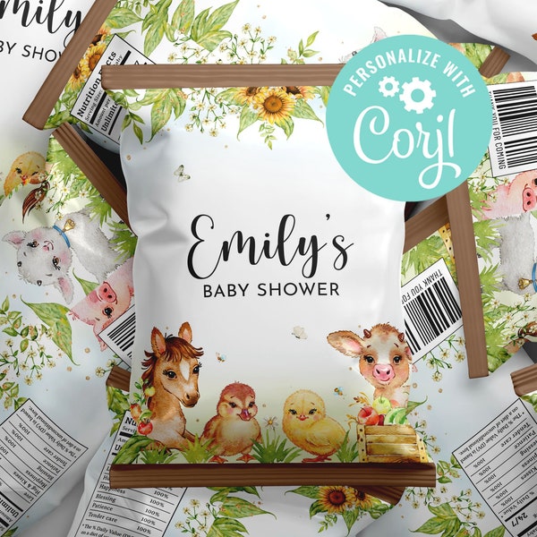 Farm Animals Baby Shower Chip Bags Cute Barn Animals Ranch Greenery Barnyard Piggy Horse Cow Duck Chick Editable Template Printable Digital