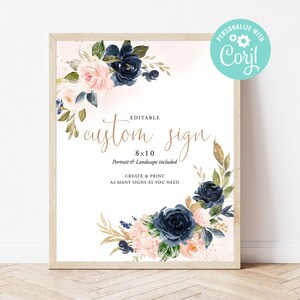 Bridal Shower Custom Sign Wedding Editable Template Digital or Printed Welcome Bridal Shower Navy Blue and Blush Flower Pink Floral Corjl