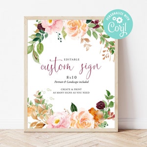Bridal Shower Custom Sign Wedding Editable Template Digital or Printed Welcome Sign Bridal Shower Burgundy Blush Floral Pink Flower Corjl