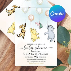 Classic Winnie the Pooh Baby Shower Invitation Piglet Tigger Eeyore Balloons Invite Printable Editable Template Digital Printed Decoration