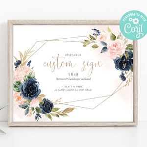 Bridal Shower Custom Sign Wedding Editable Template Digital or Printed Welcome Bridal Shower Navy Blue and Blush Flower Pink Geometric Corjl
